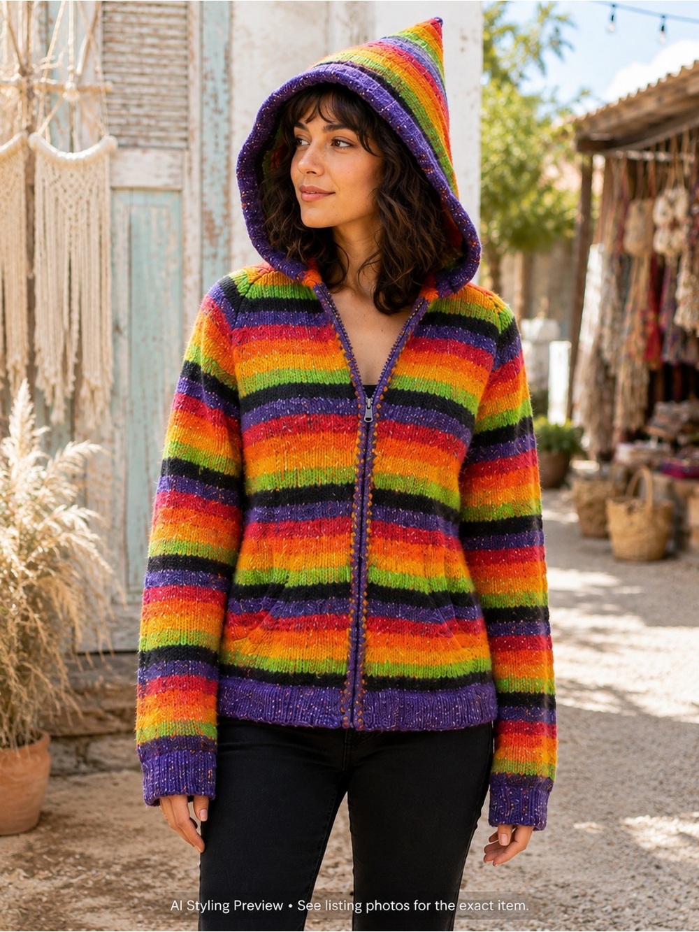 Rainbow Wool Pixie Hood Zip Sweater S/M Fairycore Elfcore Festival